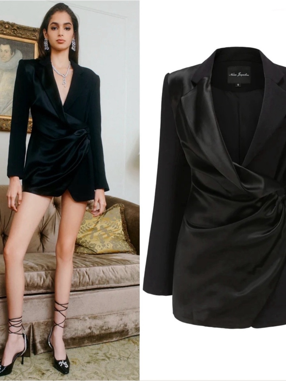 NWOT Nana Jacqueline Elora Blazer Black Gathered Satin Mini Dress Size M